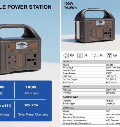 Portable Power Station EG-012 | 540Wh, 600W (1200W Peak), Solar Rechargeable